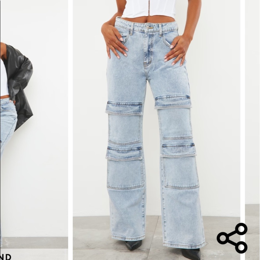 Prettylittlething Light Blue Wash Cargo Front Pocket Baggy Boyfriend Jeans